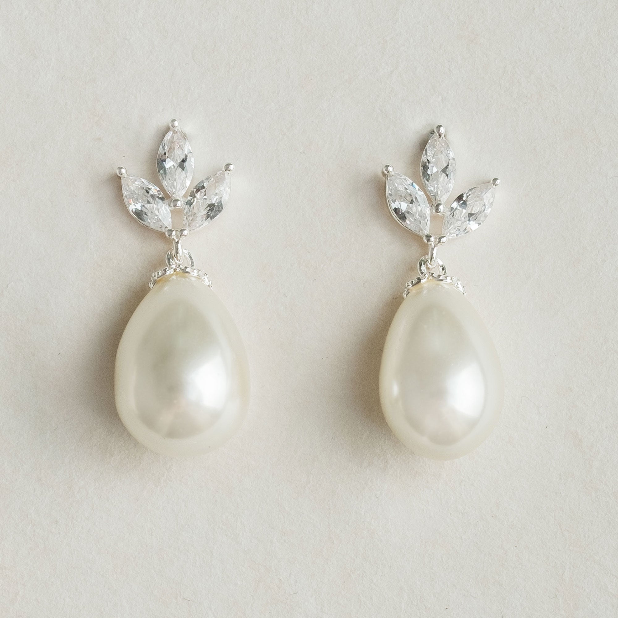Silver Pearl Dangle Earrings With Cubic Zirconia Leaf Design - Teardrop Statement Earrings