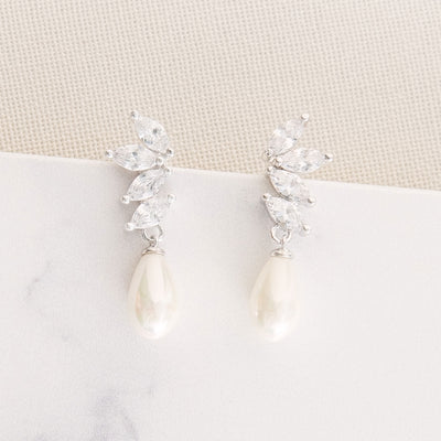 Ashbourne crystal cluster pearl drop earrings (silver) - Liberty in Love