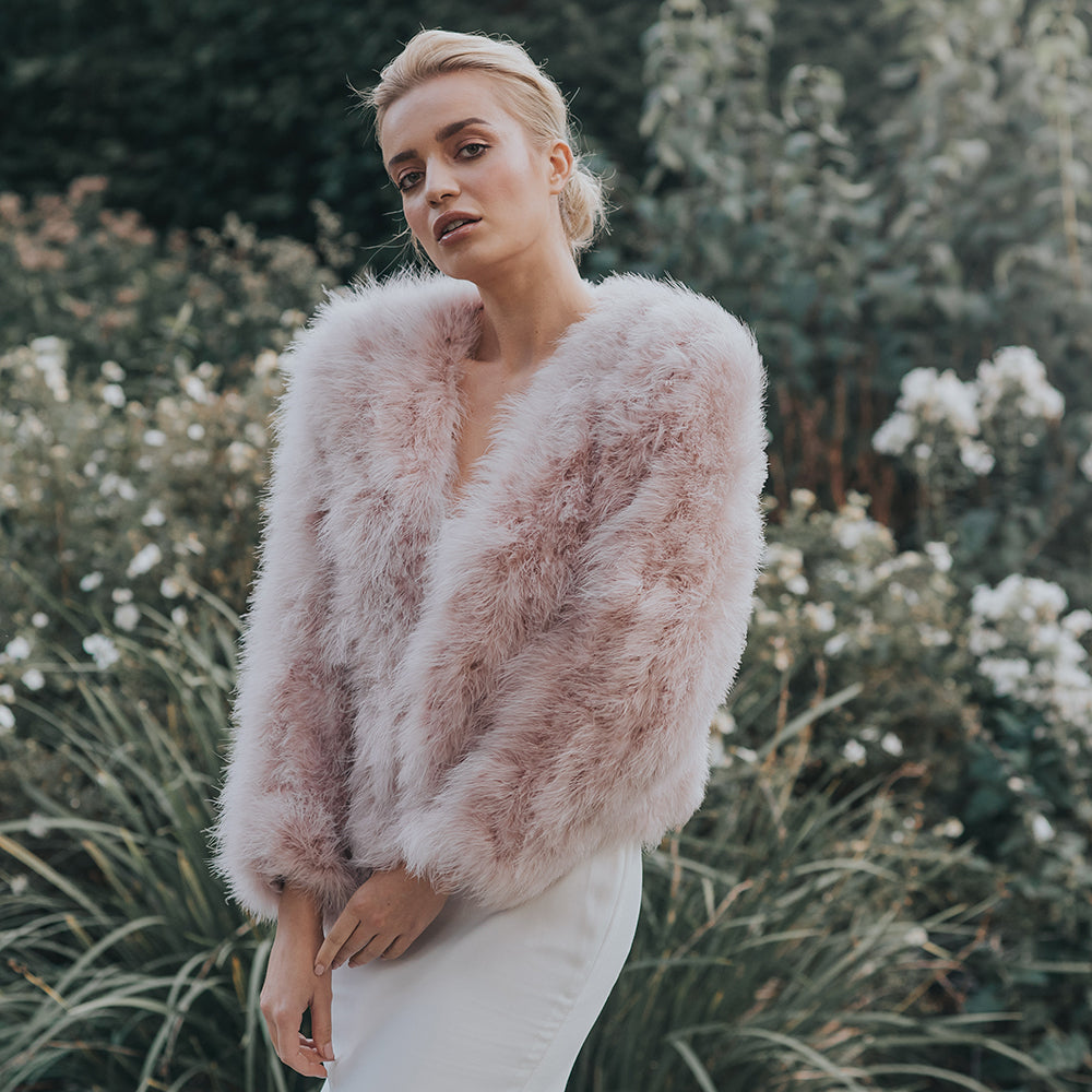 Blush pink feather bridal jacket