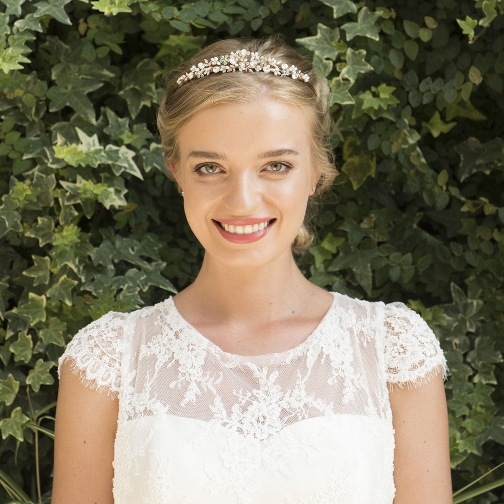 Rose gold pearl and crystal floral tiara | Desire | Ivory & Co