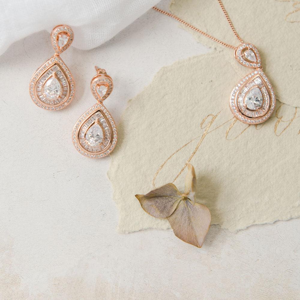 Rose gold necklace and earrings bridal jewellery set Montgomery