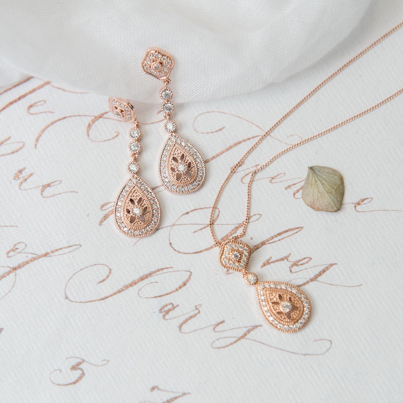 Moonstruck rose gold necklace and earrings bridal jewellery set - Liberty in Love