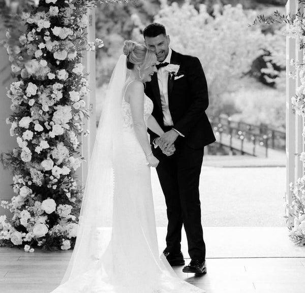 Charlotte wore the Melbourne crystal long pearl drop earrings by Ivory &amp; Co. Photography by Gemma Vaughan.