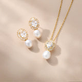 Syren zirconia pearl earrings and pendant necklace set (gold)