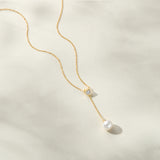 Ione bezel crystal pearl lariat necklace and earrings set (gold)