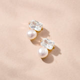 Arden emerald-cut crystal & pearl stud earrings (gold)