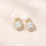 Lumera cushion-cut halo crystal and pearl drop earrings (gold)