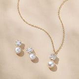 Allude square zirconia pearl earrings and pendant set (gold)