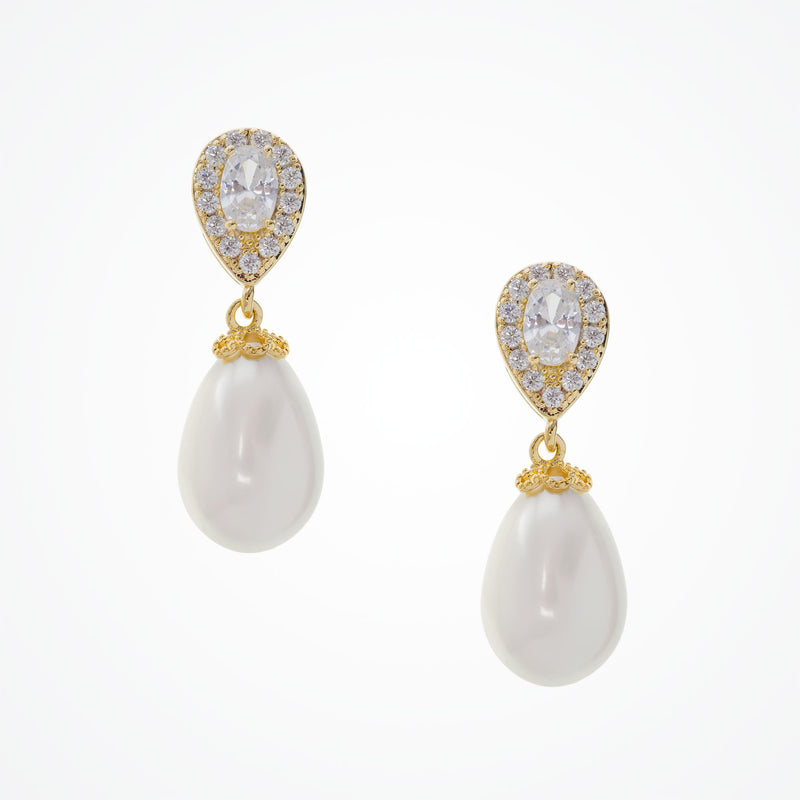 Ambrosia CZ and teardrop pearl earrings (gold) - Liberty in Love