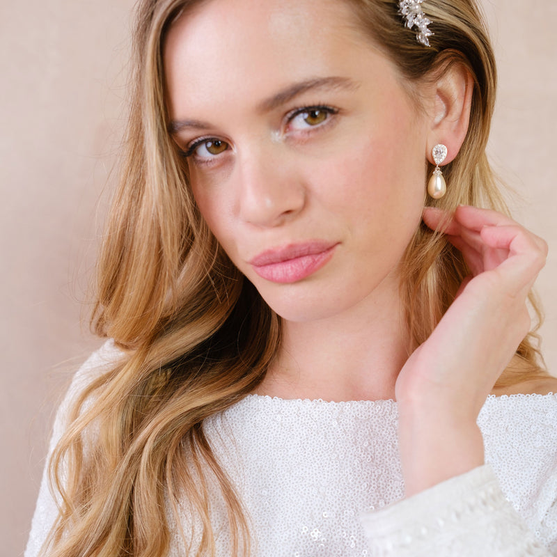 Ambrosia CZ and teardrop pearl earrings (silver) - Liberty in Love