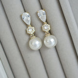 Avery crystal and pearl drop earrings (clip-on) (gold)