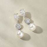 Avery halo crystal and pearl drop earrings  (rhodium, silver)