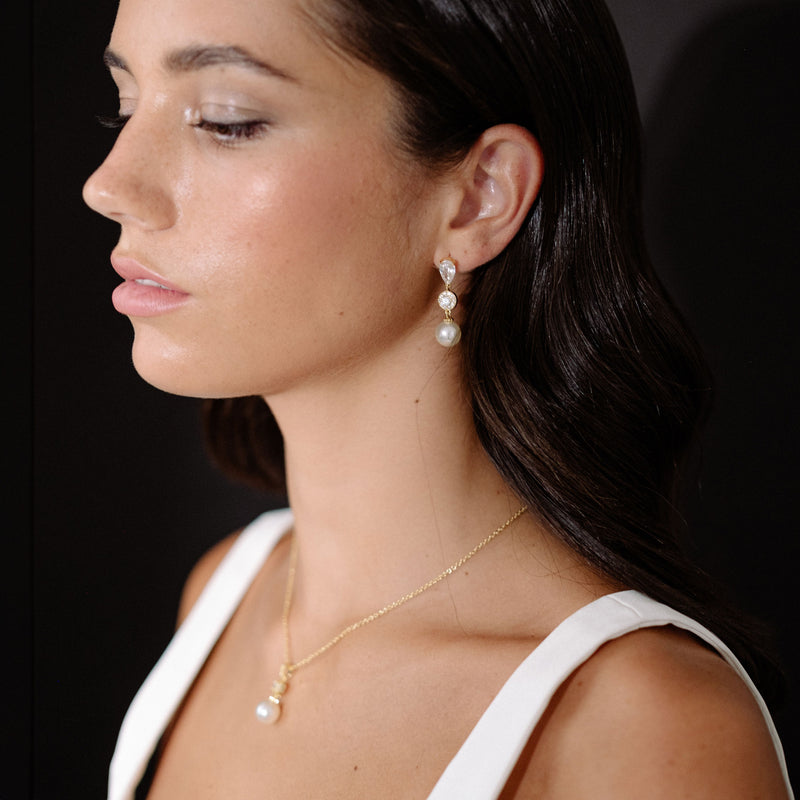 Avery halo crystal and pearl drop earrings - Liberty in Love