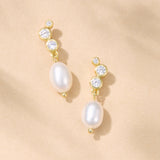 Cascade zirconia and pearl drop earrings (gold)