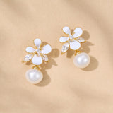 Cyra enamelled floral pearl droplet earrings (gold)