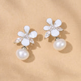 Cyra enamelled floral pearl droplet earrings (silver)