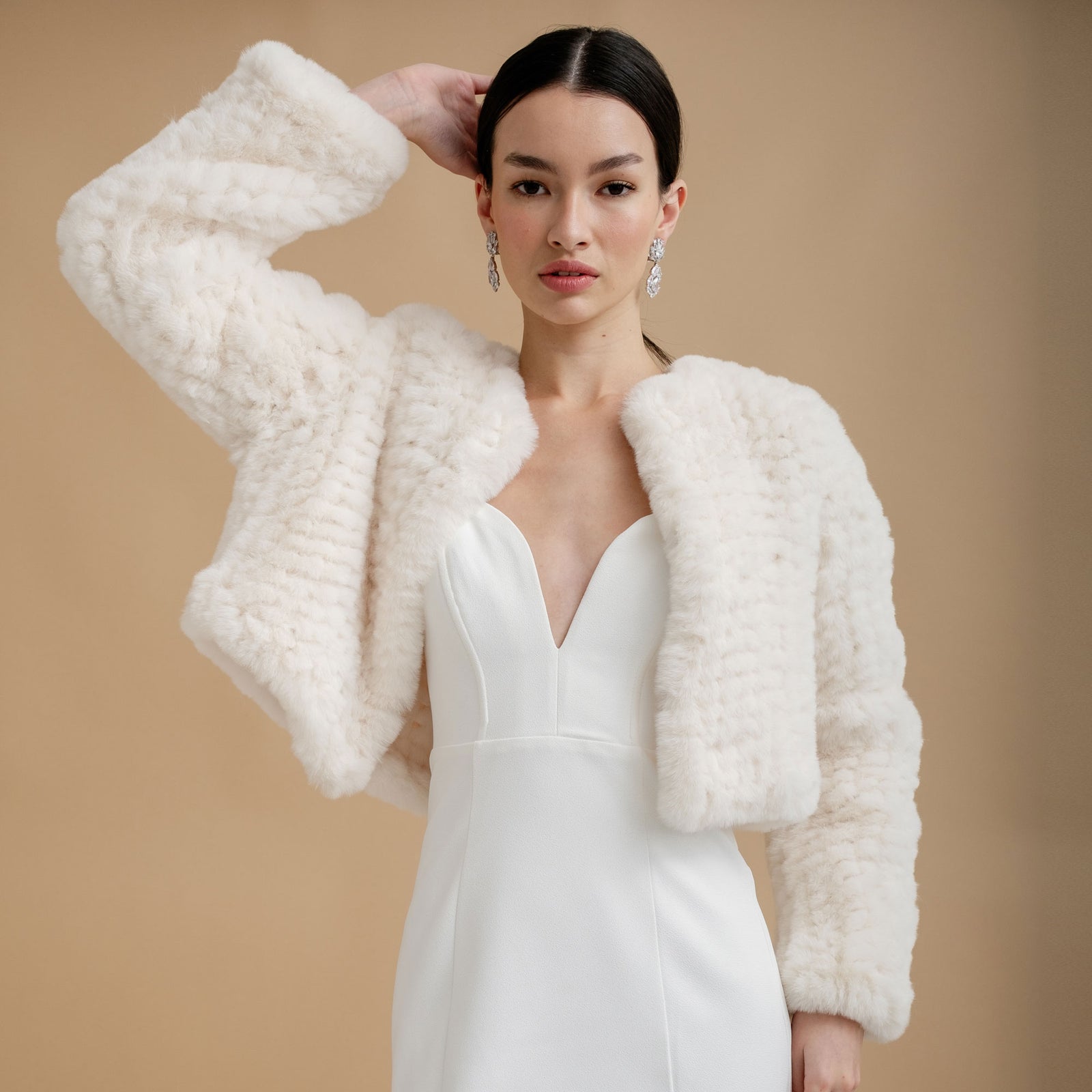 Dark ivory faux fur cropped bridal jacket Liberty in Love