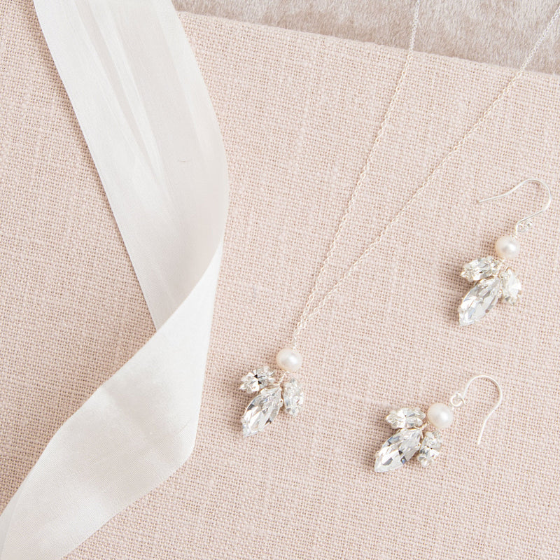 Downton diamante navette and pearl earrings and necklace set (silver) - Liberty in Love