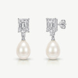 Fairmont emerald cut pearl drop earrings (silver)