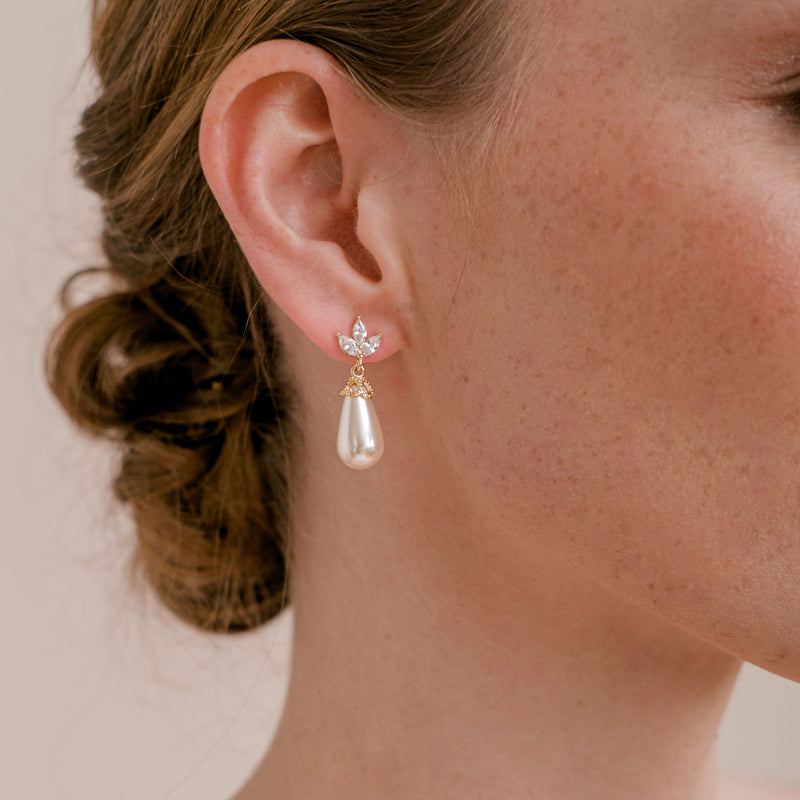Fleurette navette teardrop pearl earrings and necklace set (gold) - Liberty in Love
