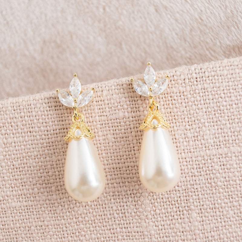 Fleurette navette teardrop pearl earrings and necklace set (gold) - Liberty in Love