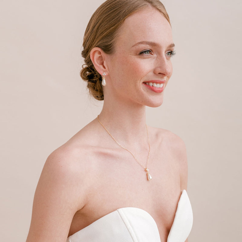 Fleurette navette teardrop pearl earrings and necklace set (gold) - Liberty in Love