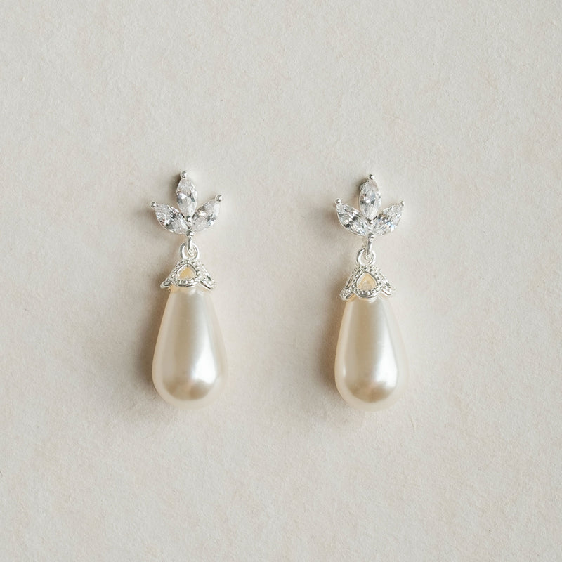 Fleurette navette teardrop pearl earrings (silver) - Liberty in Love