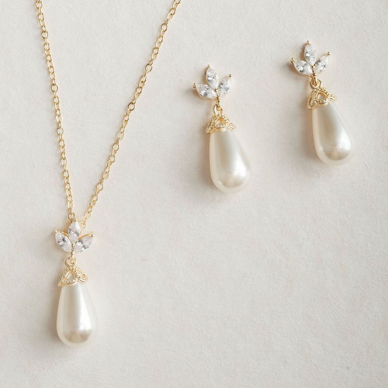 Fleurette navette teardrop pearl earrings and necklace set (gold) - Liberty in Love