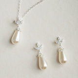 Fleurette navette teardrop pearl earrings and necklace set (silver) - Liberty in Love