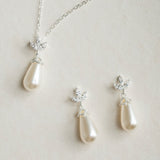 Fleurette navette teardrop pearl earrings and necklace set (silver) - Liberty in Love