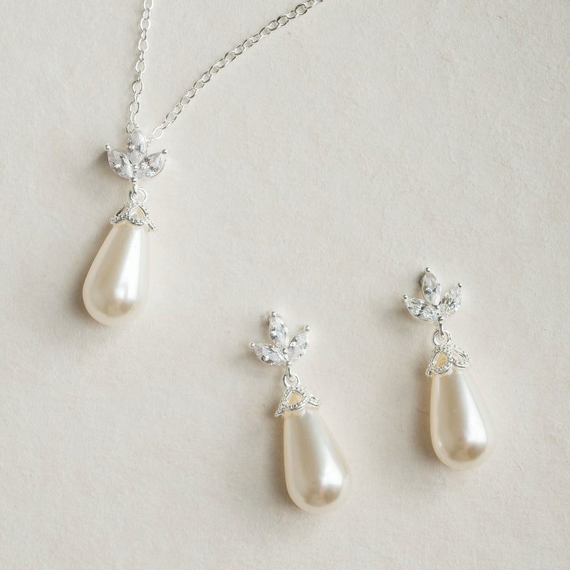Fleurette navette teardrop pearl earrings and necklace set (silver) - Liberty in Love