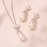 Fleurette navette teardrop pearl earrings and necklace set (silver) - Liberty in Love