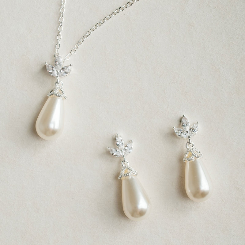 Fleurette navette teardrop pearl earrings and necklace set (silver) - Liberty in Love