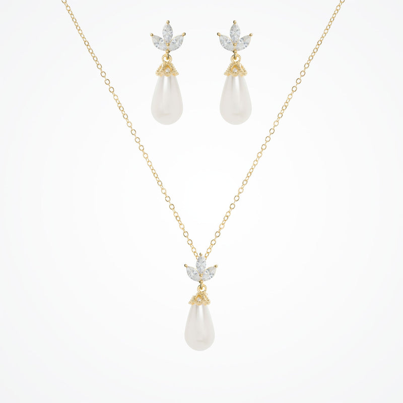 Fleurette navette teardrop pearl earrings and necklace set (gold) - Liberty in Love