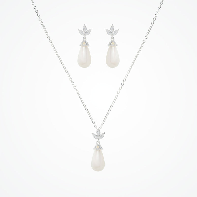 Fleurette navette teardrop pearl earrings and necklace set (silver) - Liberty in Love