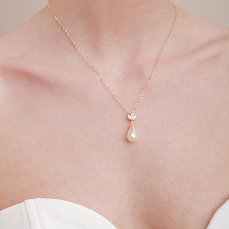 Fleurette navette teardrop pearl earrings and necklace set (gold) - Liberty in Love