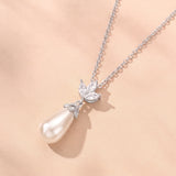 Fleurette navette teardrop pearl earrings and necklace set (silver) - Liberty in Love