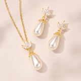 Fleurette navette teardrop pearl earrings and necklace set (gold)
