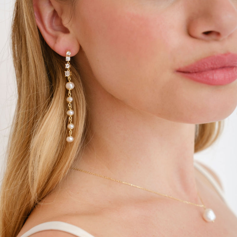 Freshwater pearl and CZ long drop earrings (gold) - Liberty in Love