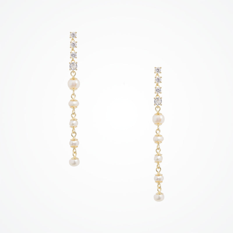 Freshwater pearl and CZ long drop earrings (gold) - Liberty in Love