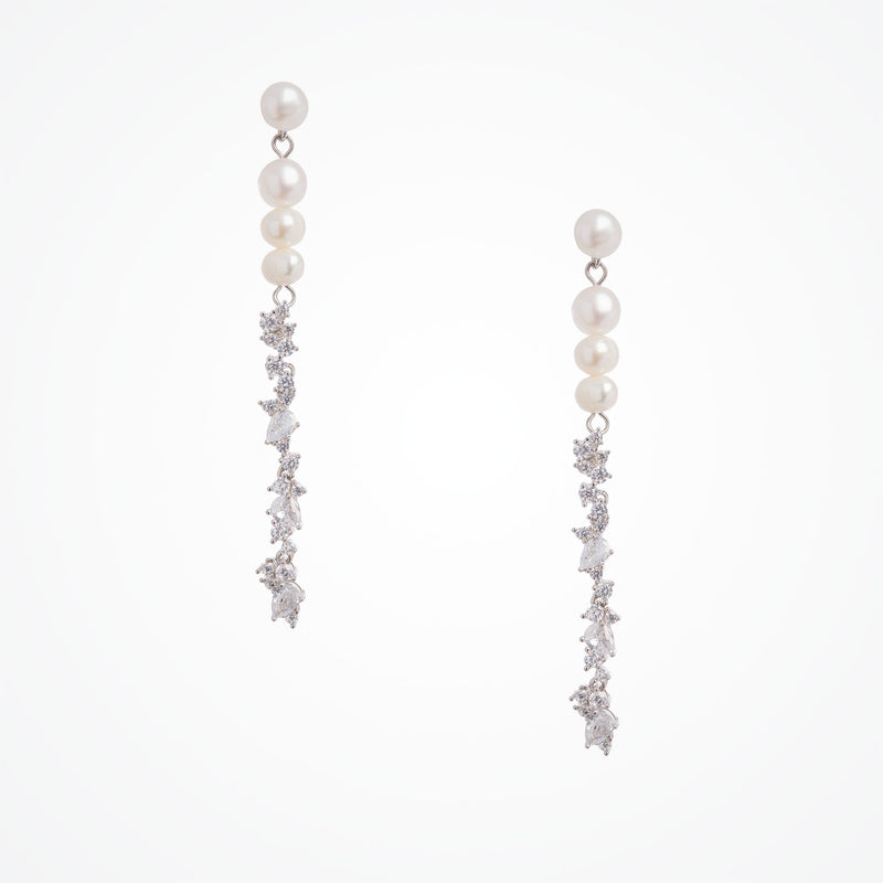 Freshwater pearl and CZ long drop earrings (silver) - Liberty in Love