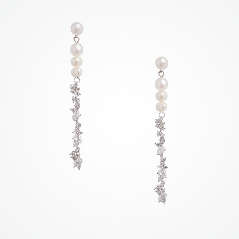 Freshwater pearl and CZ long drop earrings (silver)