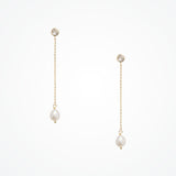 Single freshwater pearl and crystal chain drop earrings (gold)