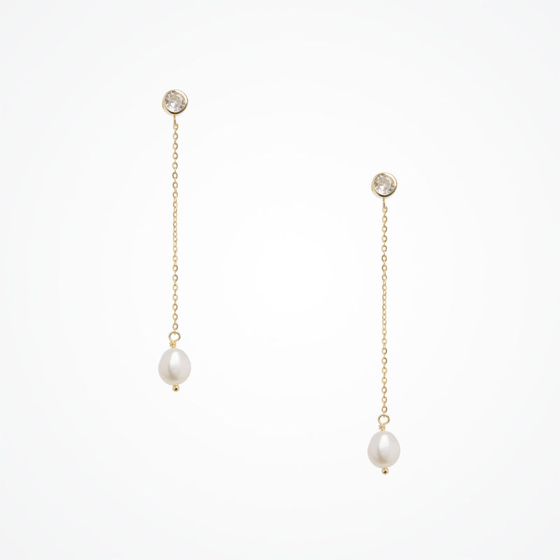 Single freshwater pearl and crystal chain drop earrings (gold