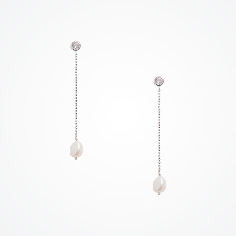 Single freshwater pearl and crystal chain drop earrings (silver