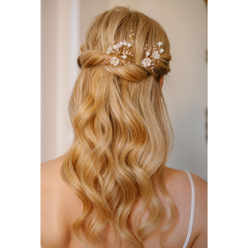 Goldenlight crystal pearl clay floral hair pins - Liberty in Love