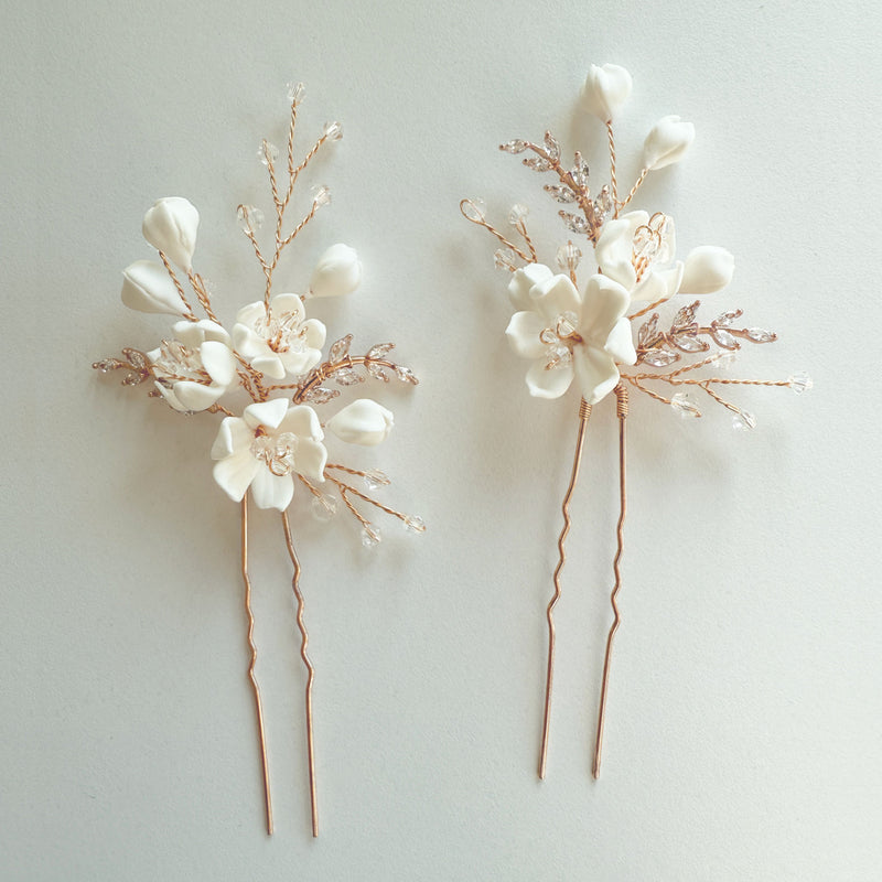 Goldenlight crystal pearl clay floral hair pins