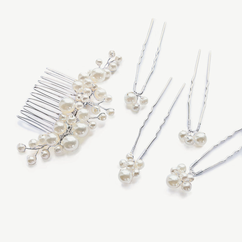 Harper silver pearl hair comb and pins (set of 5) - Liberty in Love