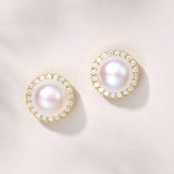 Icon pavé halo pearl stud earrings (gold)