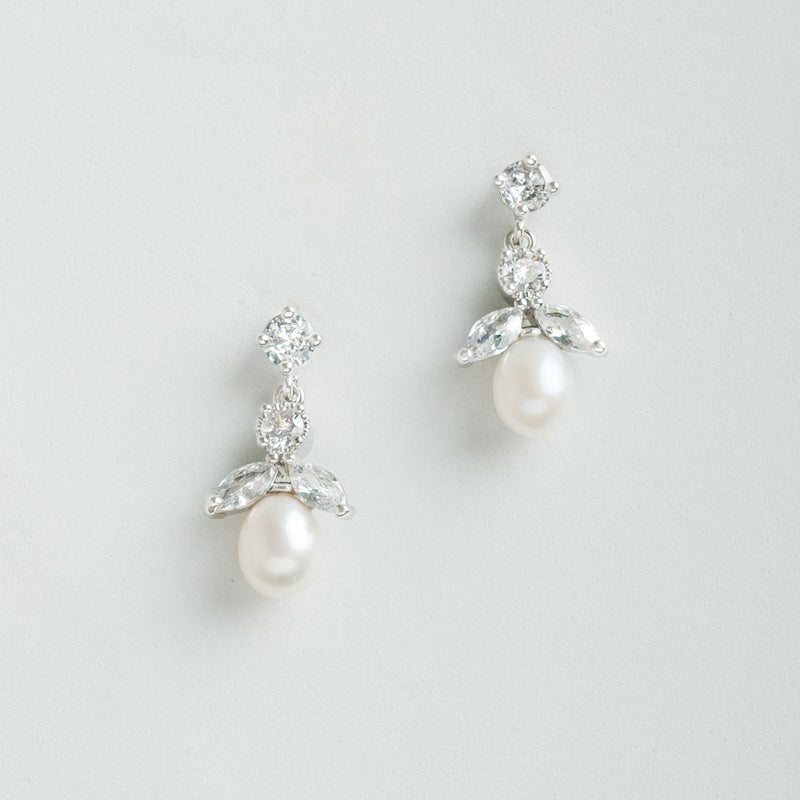 Ines pearl and CZ drop earrings (silver)